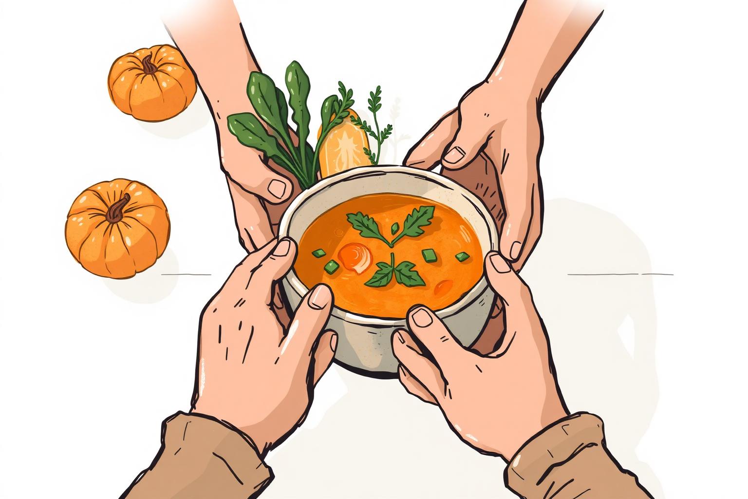 Mãos servindo sopa em uma tigela